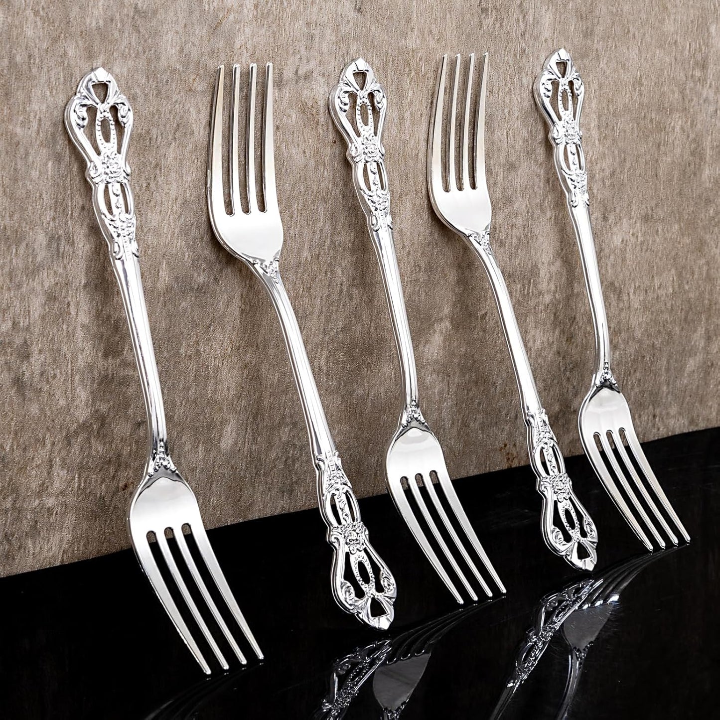 75PCS Silver Plastic Forks - 8.1inch Silver Forks Disposable - Vintage Heavy Duty Dessert Forks - Premium Fancy Plastic Silverware for Parties, Weddings, Dinners and Events