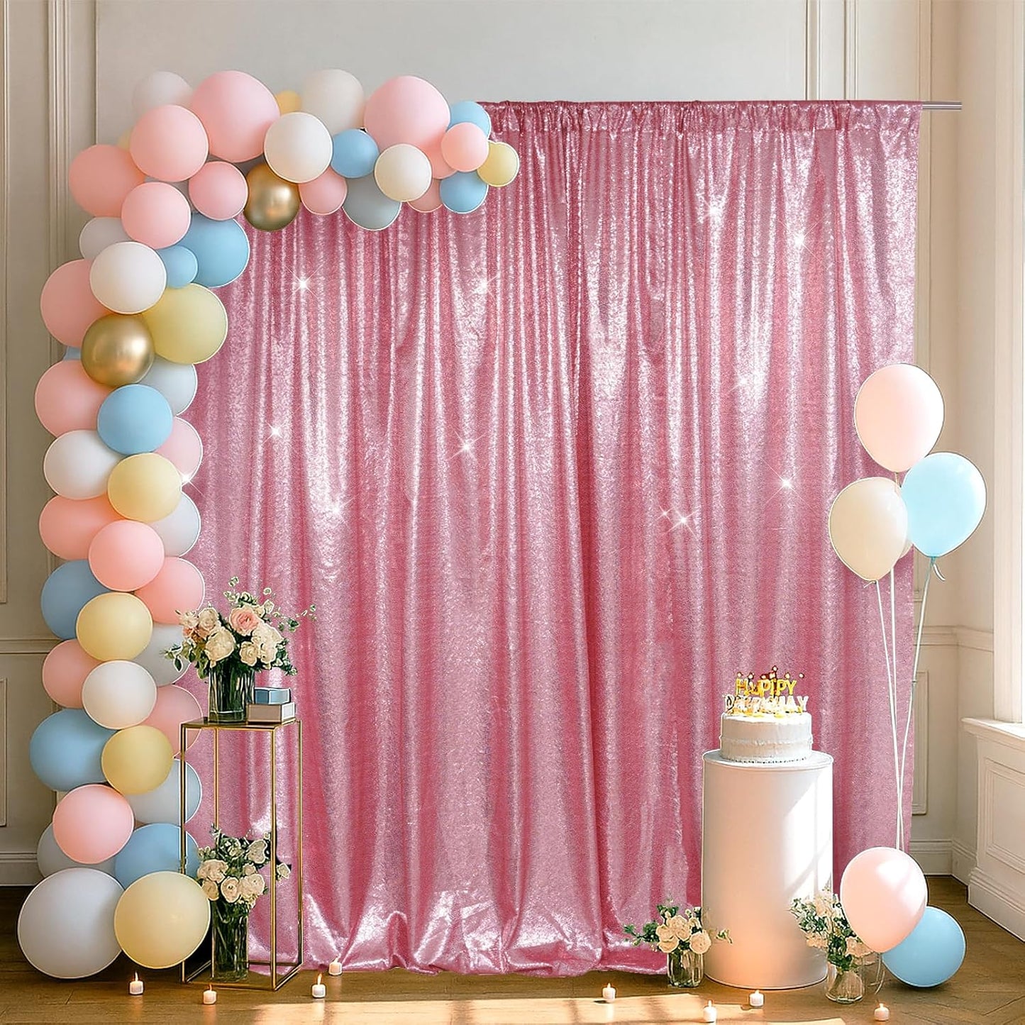 SquarePie Sequin Backdrop Less Transparent Background Sparkly Curtain for Wedding Party 4FT x 7FT Fuchsia Pink