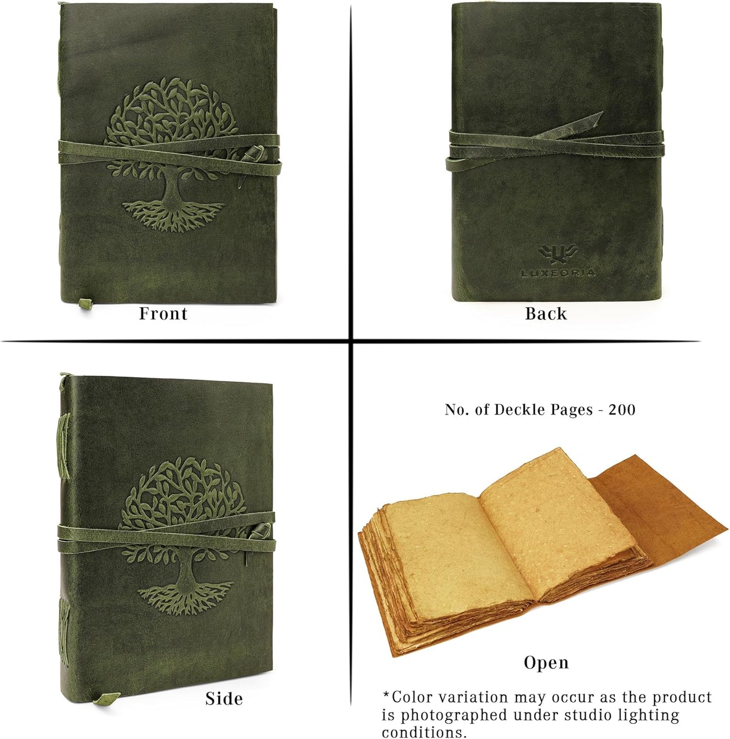 LUXEORIA Tree Of Life Leather Journal for Women and Men, Handcrafted Leather Journal for Writing Womens, Sketchbook, Travel Diary with Unlined Deckle Paper, Dark Green 7x10