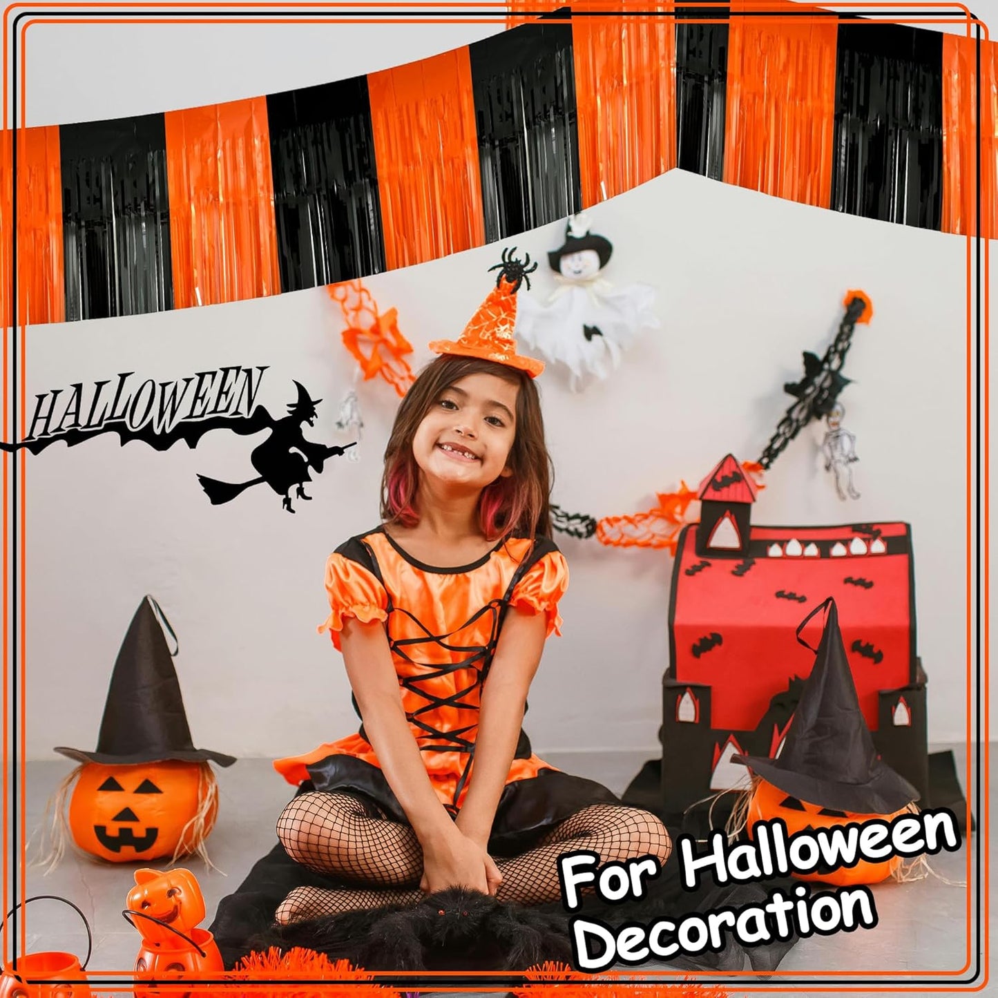 4 Pack 10 Feet Black Orange Halloween Parade Float Decorations for Trailer Car, Foil Fringe Tinsel Streamers Banner Garland for Halloween Graduation Homecoming Party Decoration (Black Orange)