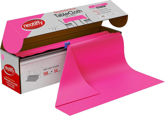 Neatiffy Disposable Plastic Table Cloth Roll | 54 in x 108 Ft Waterproof Tablecloth | Table Cover for Rectangle, Square, Round Oval Tables | Picnic, Party, Banquet, Birthdays, Weddings - Pink