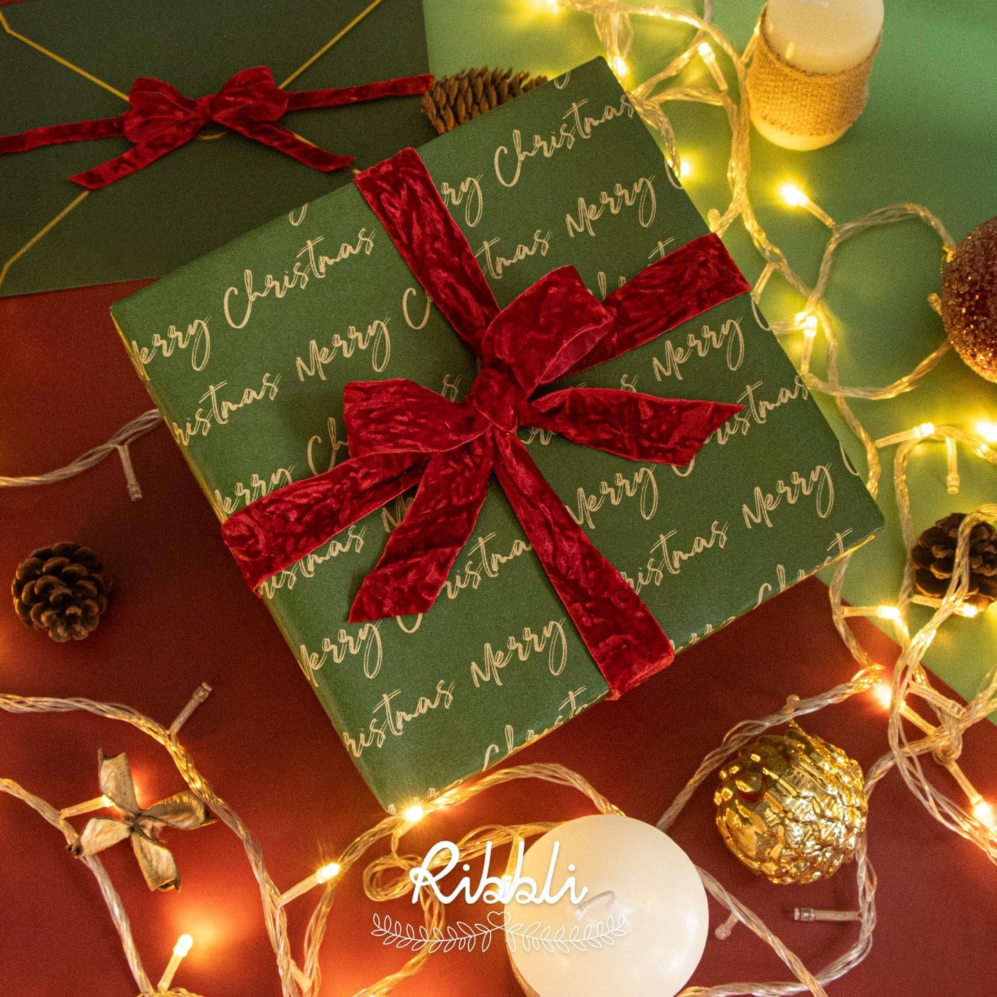 Ribbli Red Velvet Ribbon 3/8 Inches Luxury Crinkled Red Christmas Ribbon for Gift Wrapping Crafts Home Decor-Continuous 10 Yard