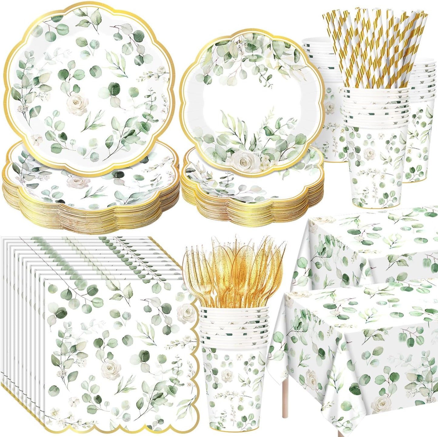 452 Pcs Sage Green Baby Shower Party Decorations for 50, Eucalyptus Leaves Paper Plates Napkins Cups Tablecloth Cutlery Straws for Bridal Baby Shower Birthday Woodland Party Supplies