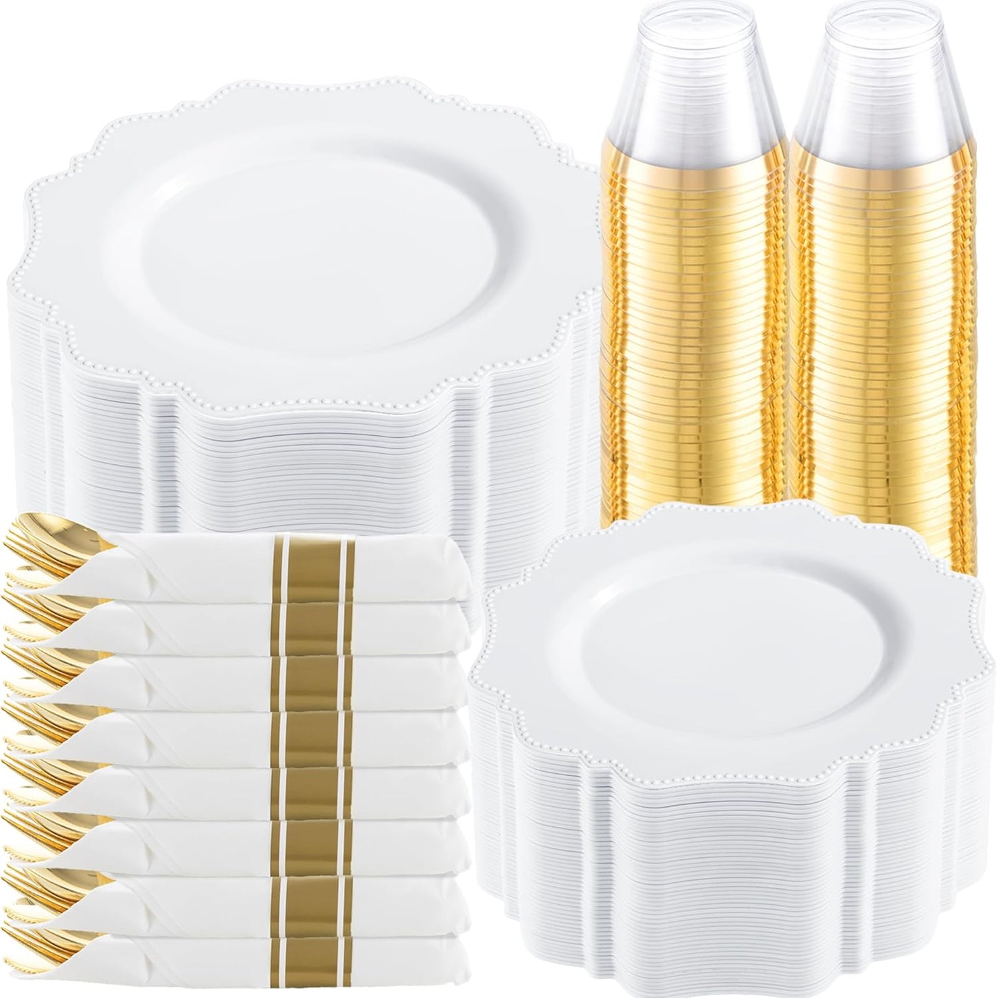 COLOSUS 350pcs White Plastic Plates Disposable Gold Cutlery Dinnerware set for party: 50 Dinner Plate, 50 Dessert Plate, 50 Per Rolled Napkins with Gold Silverware, 50 Cups 9 OZ for Wedding & Party