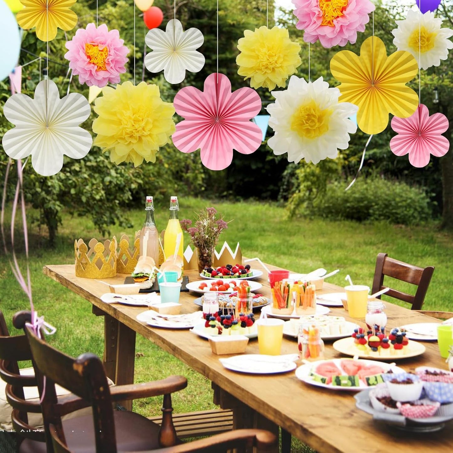 BestoFun 12PCS Paper Flowers Fans Pink Yellow Party Decorations Tissue Paper Flowers Decorations for Girl Groovy Birthday Baby Shower Wedding Bachelorette Room Wall Hanging Décor