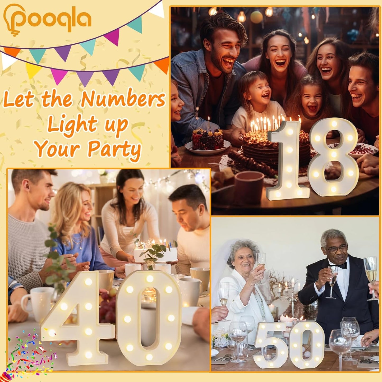 Pooqla Decorative LED Light Up Number Letters, White Plastic Marquee Number Lights Sign for Wedding Decor, Battery Operated (27)