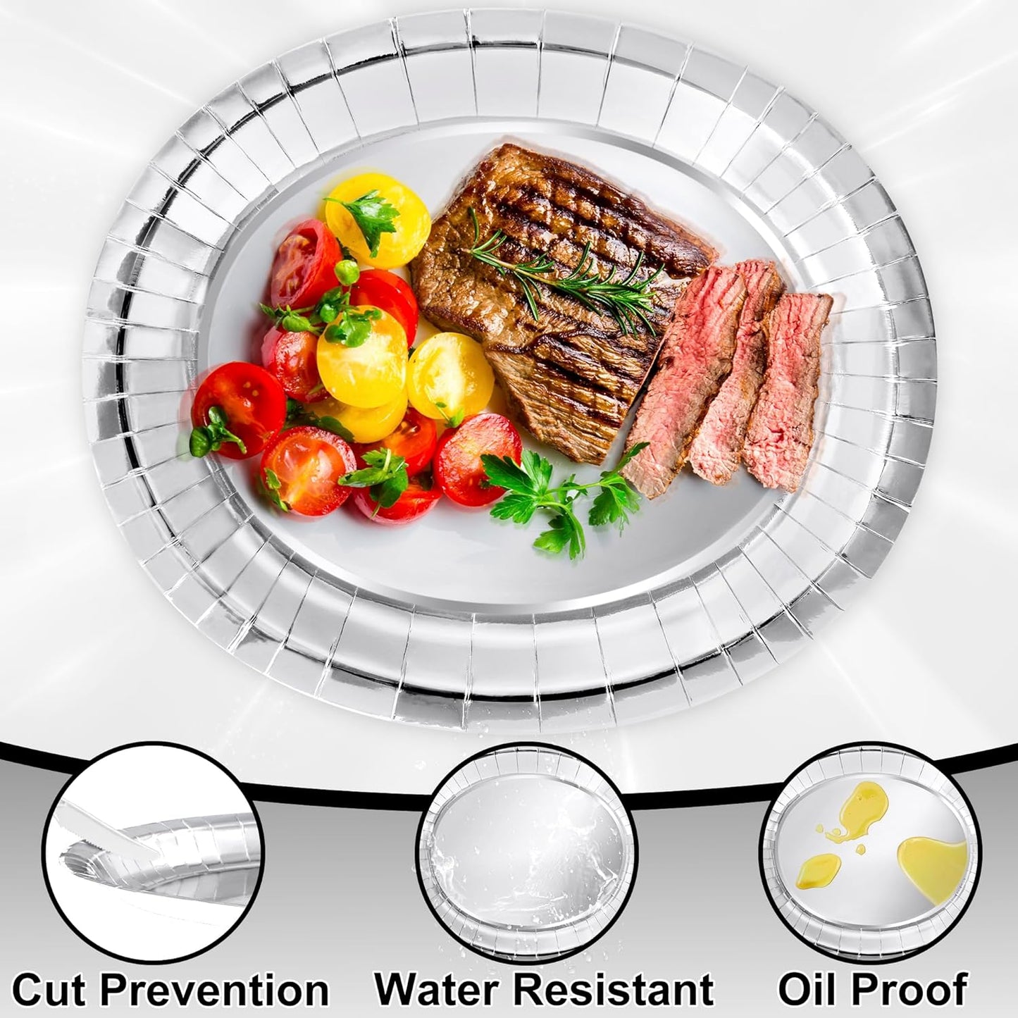 50 Pcs Oval Large Paper Plates, 12.2'' X 10.2'' Silver Foil Paper Plates, Daily Dinner Plates Disposable Paper Plates Bulk Party Supplies for Wedding Silver Anniversaries Graduation Birthday Party