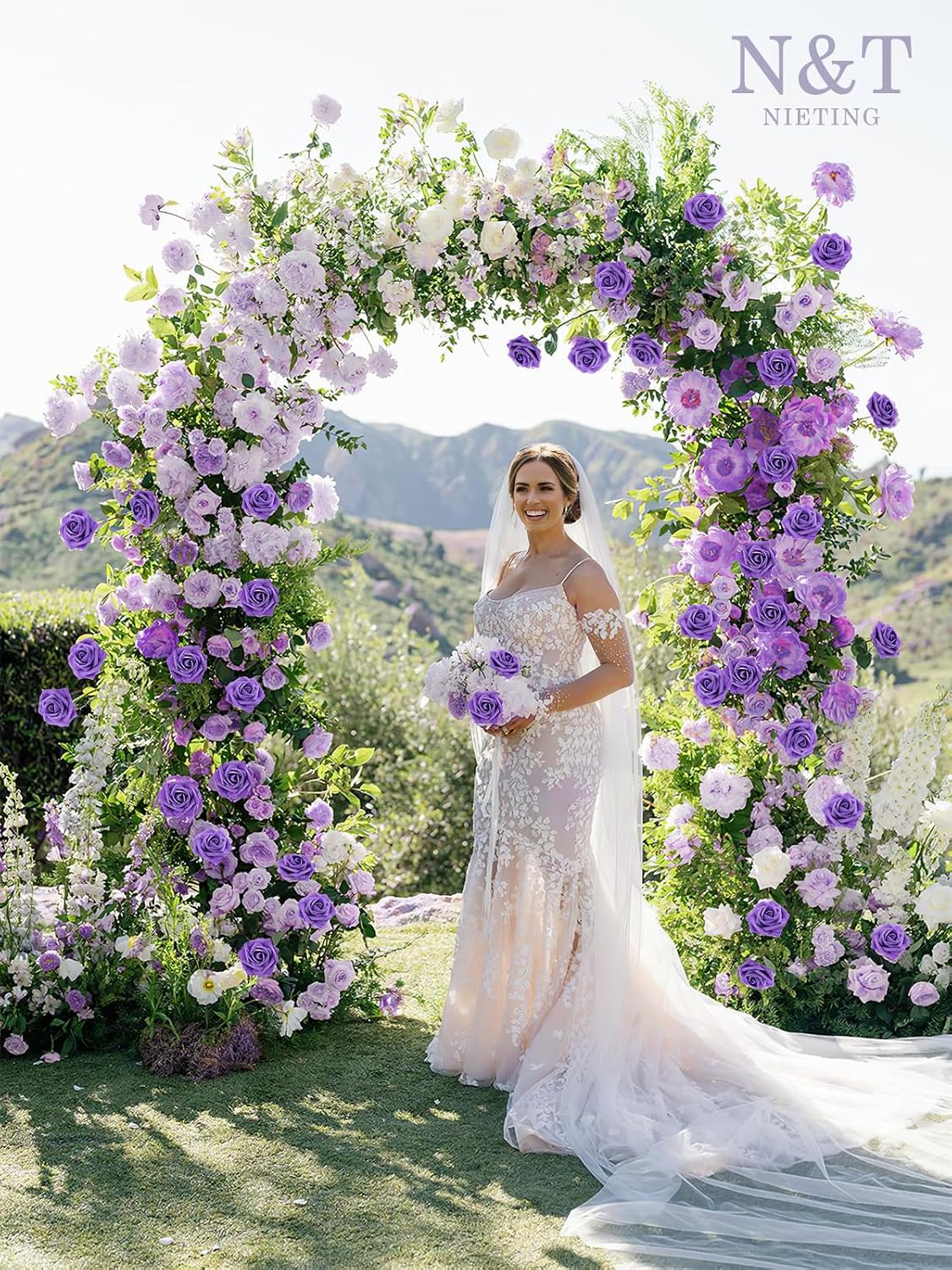 N&T NIETING Artificial Flowers Purple Roses, 25Pcs Fake Flowers Foam Roses with Stems for DIY Wedding Bridesmaid Bridal Bouquets Centerpieces Party Home Decoration Baby Shower