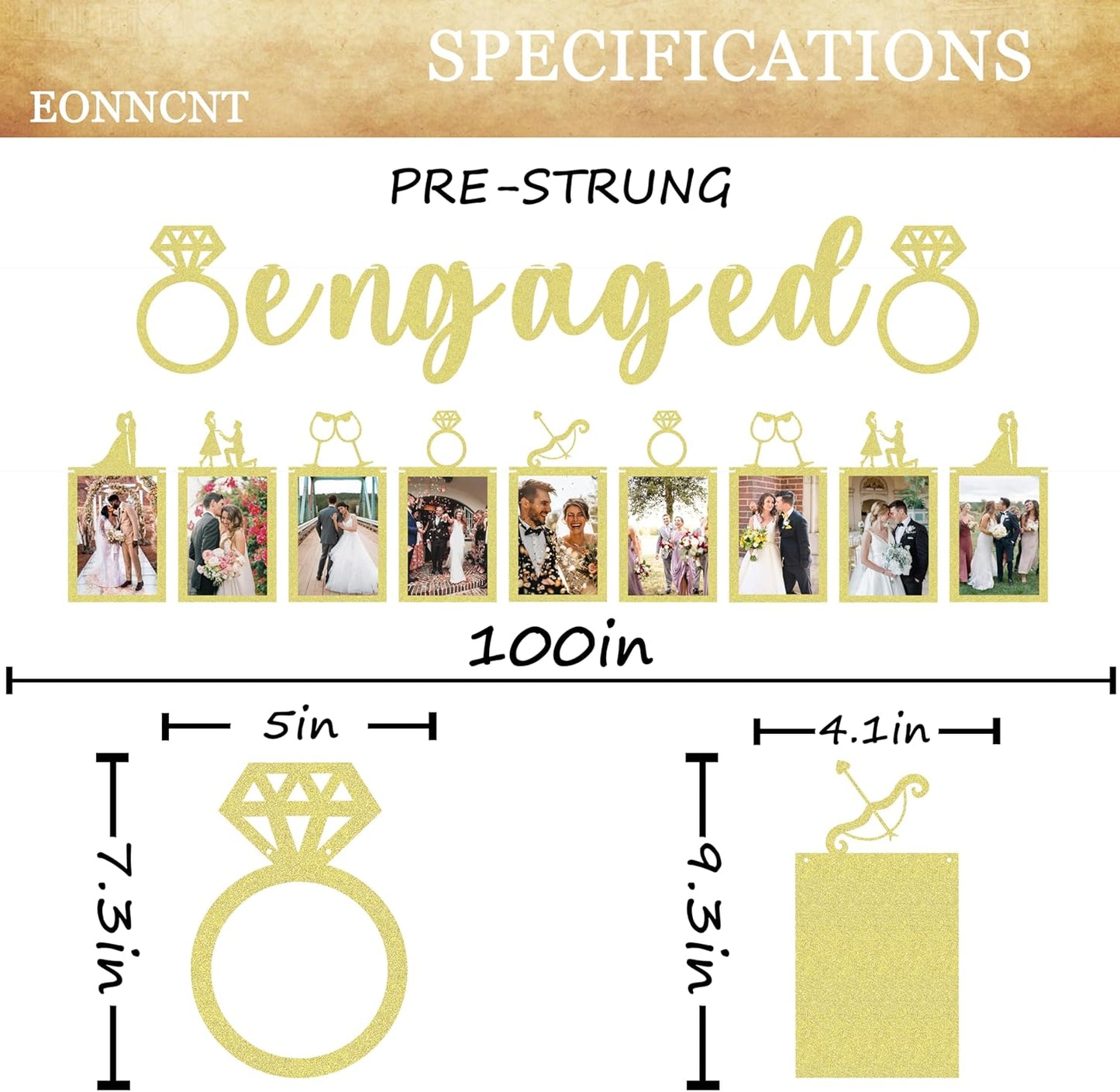 Pre-Strung Engaged Photo Banner - Gold Glitter Engagement Party Decoration Supplies with Romantic Memories Picture Card Frames for Bachelorette, Bridal Shower, Wedding Party Photo Booth Props