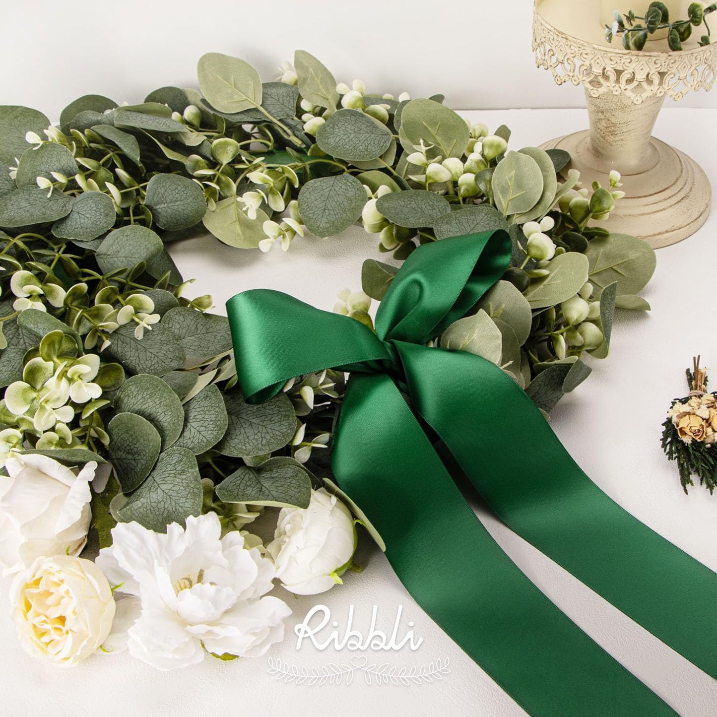 Ribbli Forest Green Double Faced Satin Ribbon, 2” x Continuous 10 Yards,Use for Bows Bouquet,Gift Wrapping,Floral Arrangement,Wedding Decoration