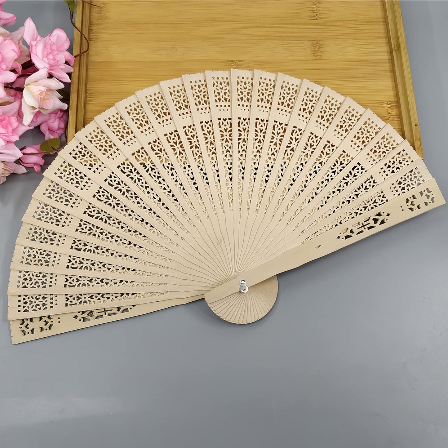 FEPITO 20 Pieces Wooden Handheld Paper Fan Wooden Folding Fans with Bamboos for Wedding Gift, Party, Home