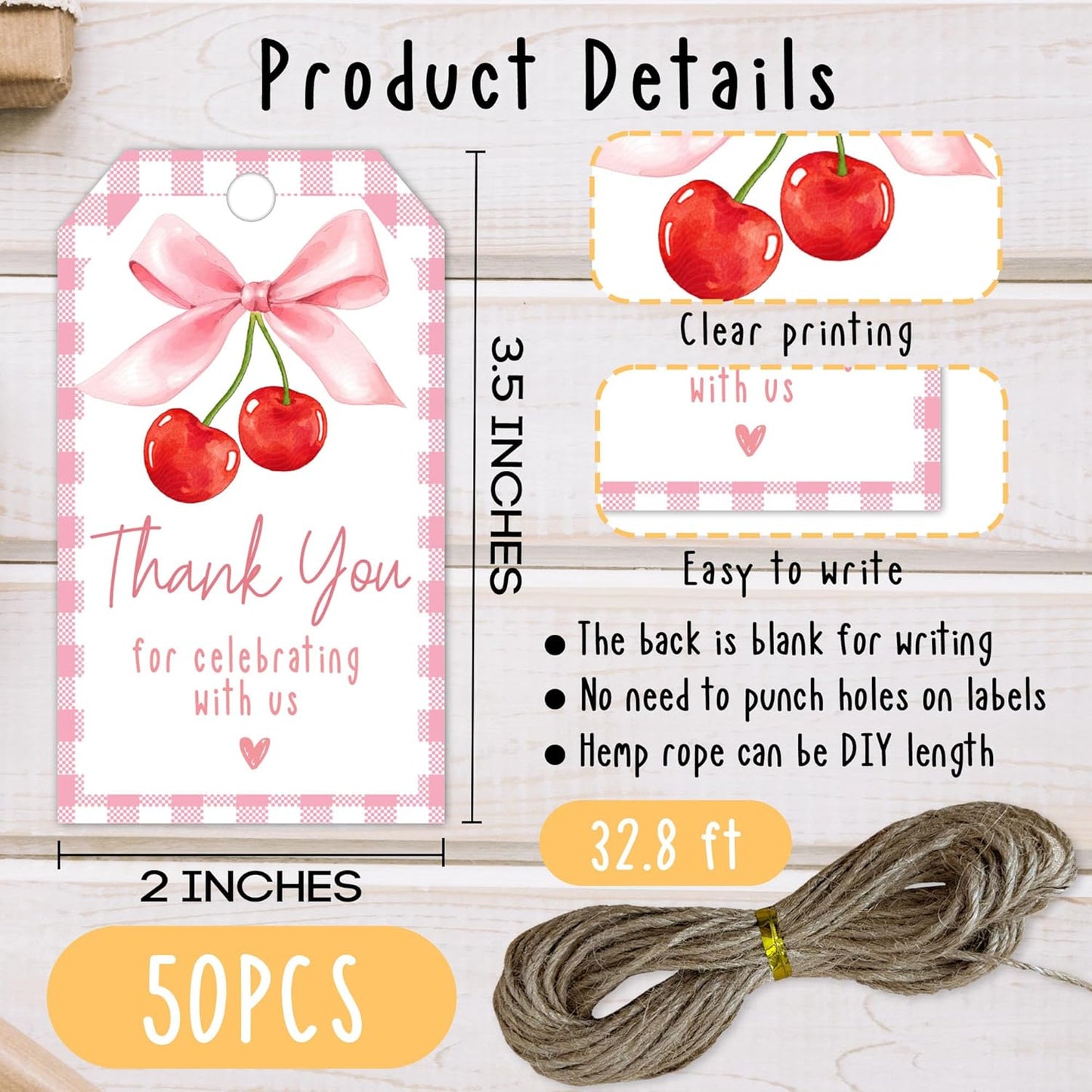 Cherry Gift Tags, 2x3.5 Inch Pink Bow Gift Tags, 50Pcs Thank You for Celebrating with Us Label, Paper Personalized Design Labels for Wrapping Party Favor-A12
