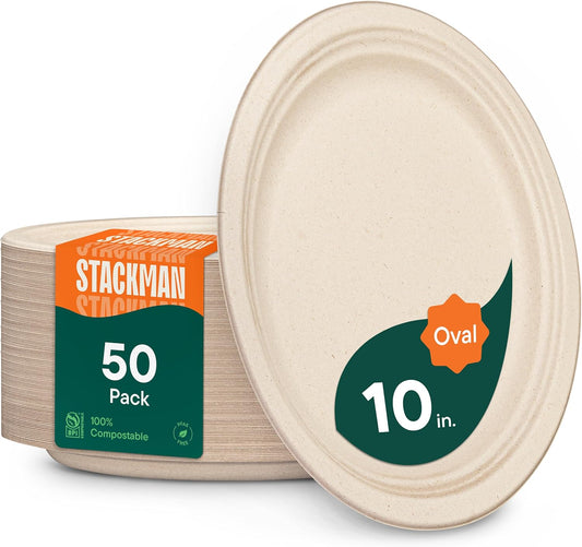 100% Compostable Oval Paper Plates [50-Pack] - {PFAS-Free} - {BPI Certified} - [10 Inch] Heavy Duty, Eco-Friendly, Biodegradable Bagasse Dinner Platters - Natural Brown 10" Oval Plates by Stack Man