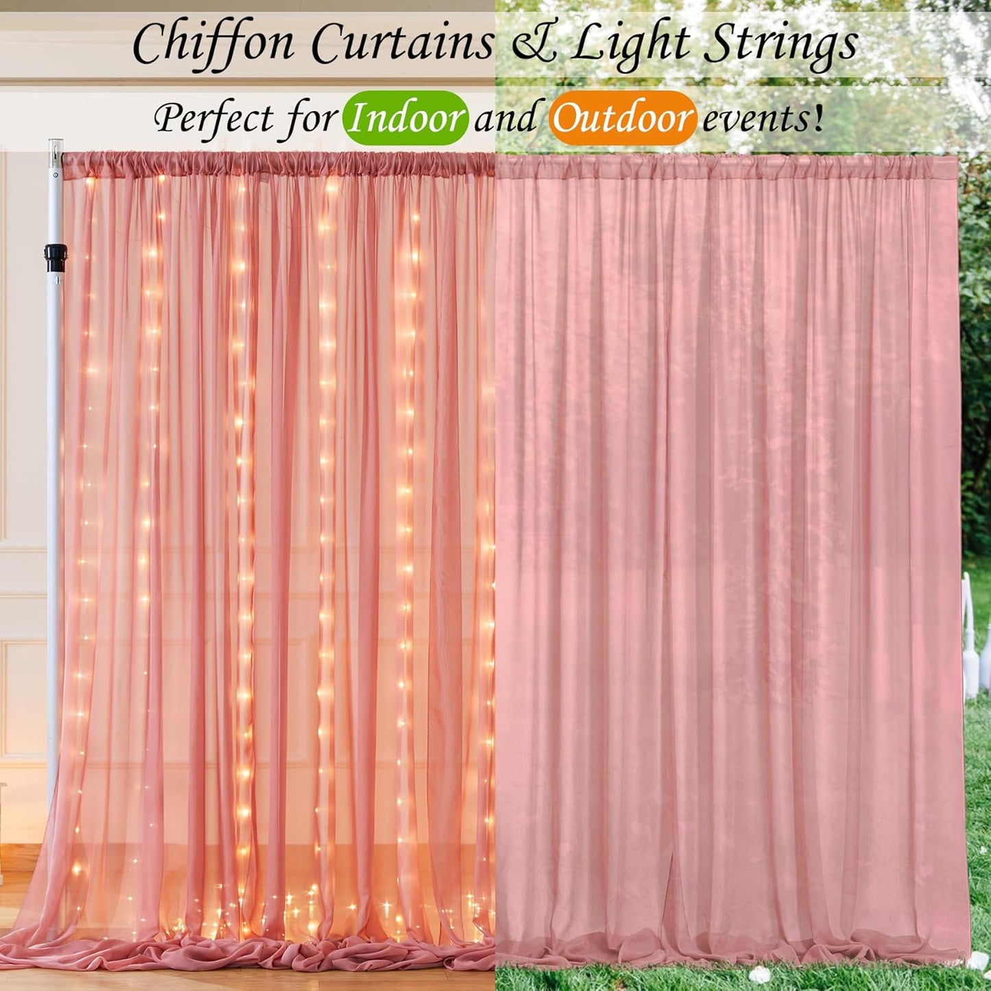 10ft x 10ft Dusty Rose Chiffon Backdrop Curtain with Lights String for Parites Wedding Wrinkle Free Curtain Photo Backdrops Drapes for Baby Shower Birthday Party Home Decorations