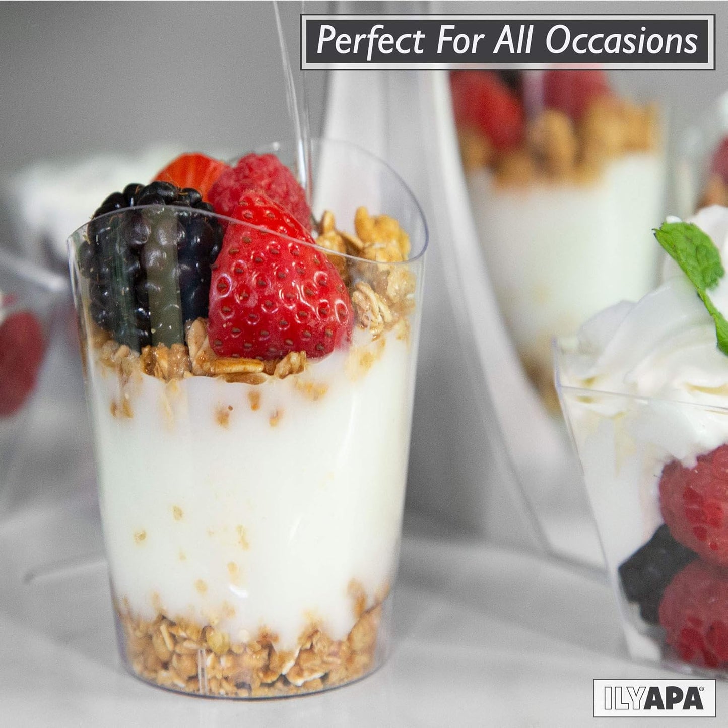 Ilyapa 4oz Plastic Dessert Cups - 100 Pack Mini Dessert Cups with Spoons - Clear Reusable Small Appetizer Cup for Cheesecake Shooters, Chocolate Mousse, Parfait - Party and Catering Supplies - Round