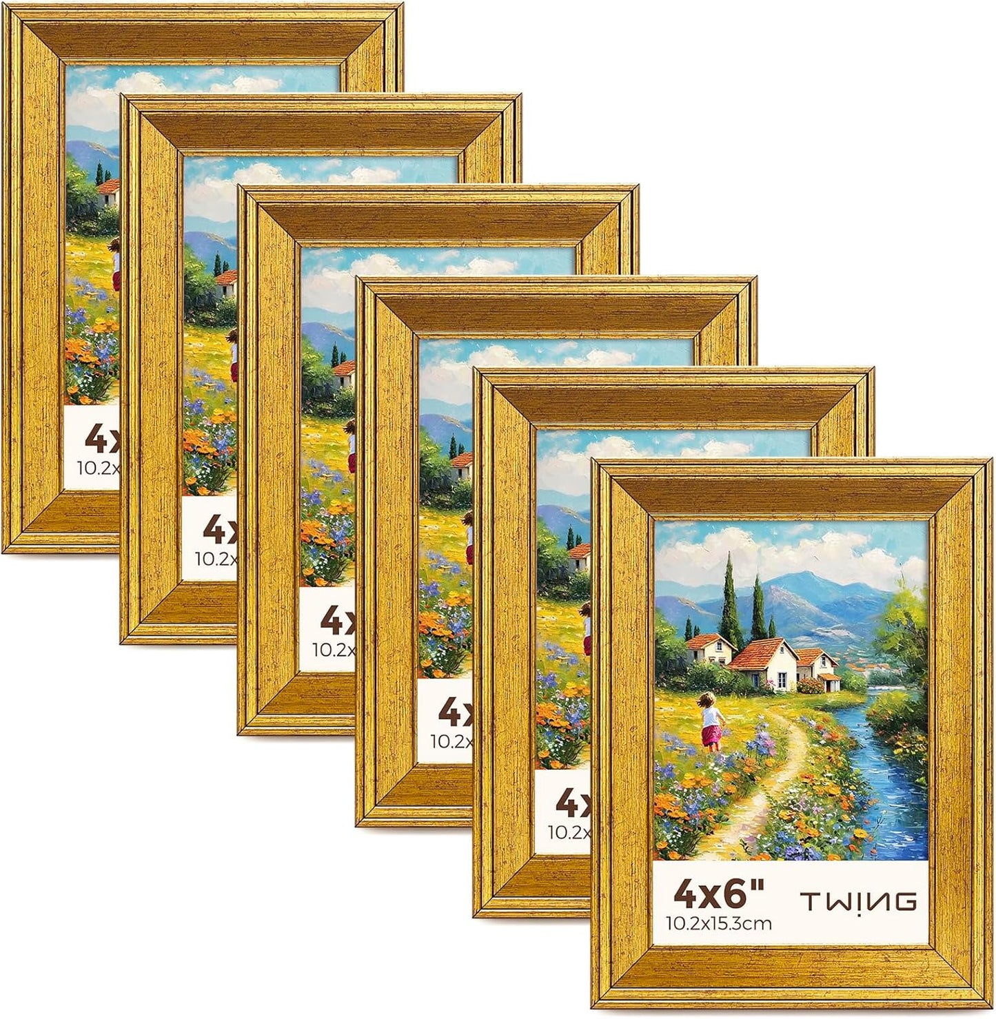 TWING 4x6 Gold Picture Frames Set of 6,Rustic Gold Frames Display Pictures 3x5 with Mat or 4x6 Without Mat,Tabletop Display and Wall Mounting Collage Photo Frame,Set for Wall Gallery