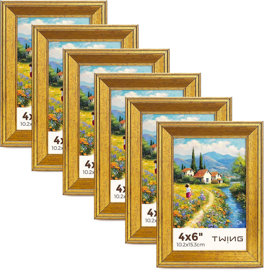 TWING 4x6 Gold Picture Frames Set of 6,Rustic Gold Frames Display Pictures 3x5 with Mat or 4x6 Without Mat,Tabletop Display and Wall Mounting Collage Photo Frame,Set for Wall Gallery