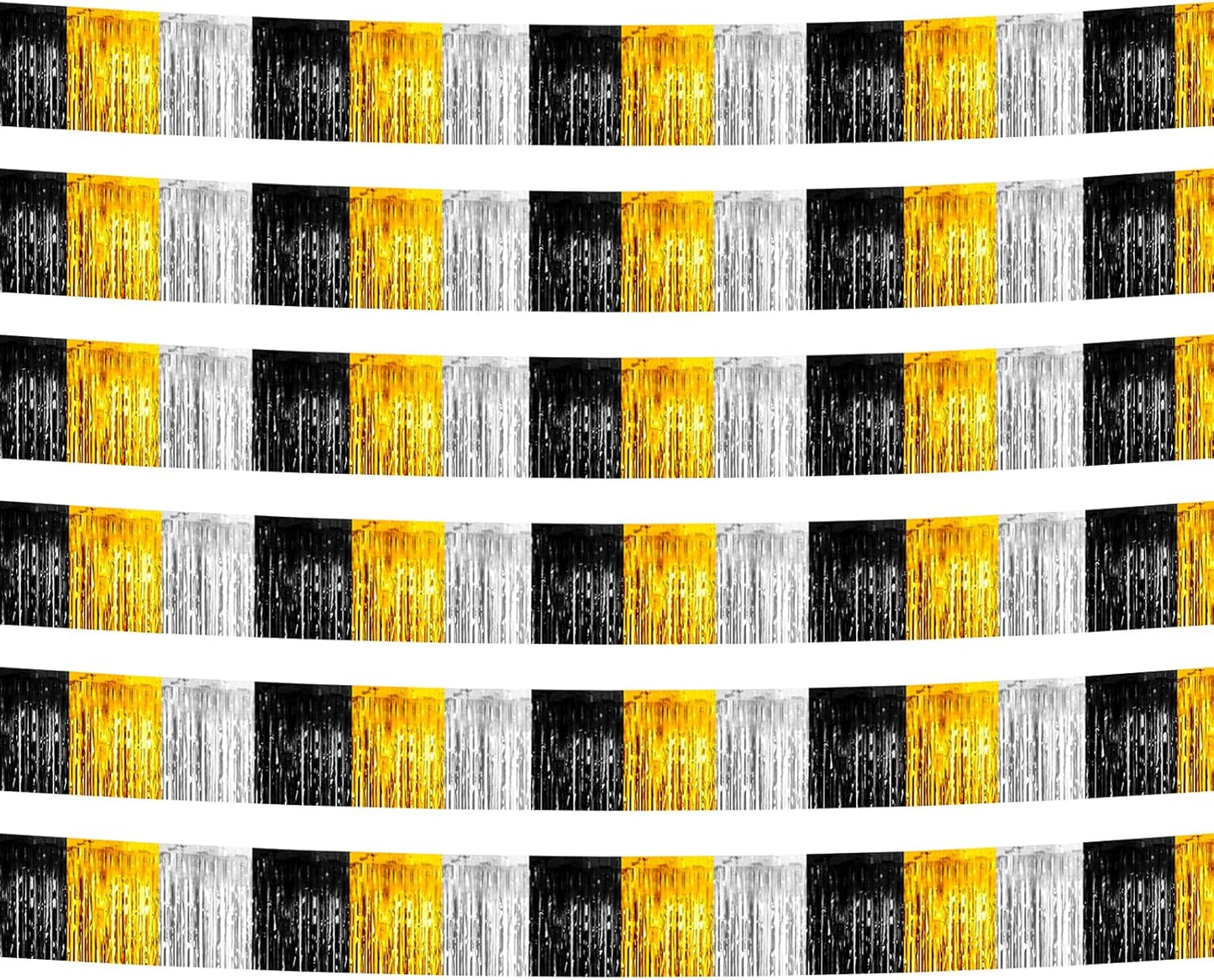 6 Pack 10 Feet Black Gold Silver Foil Fringe Garland Metallic Tinsel Streamers Banner Wall Hanging Backdrop Banner for Parade Floats, Thanksgiving, Christmas, Birthday, Halloween Party Decorations