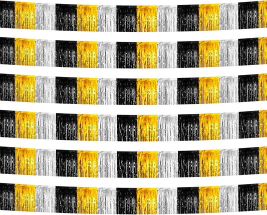 6 Pack 10 Feet Black Gold Silver Foil Fringe Garland Metallic Tinsel Streamers Banner Wall Hanging Backdrop Banner for Parade Floats, Thanksgiving, Christmas, Birthday, Halloween Party Decorations