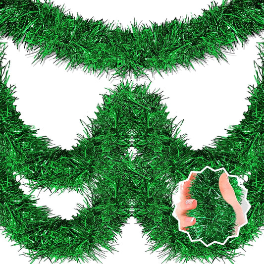 50 Feet Green Christmas Tinsel Garland, Metallic Foil Twist Banner Wall Hanging Tinsel Streamers Backdrop for Parade Floats, Christmas, Mother's Day, Birthday Party Decorations(2in x 50ft)