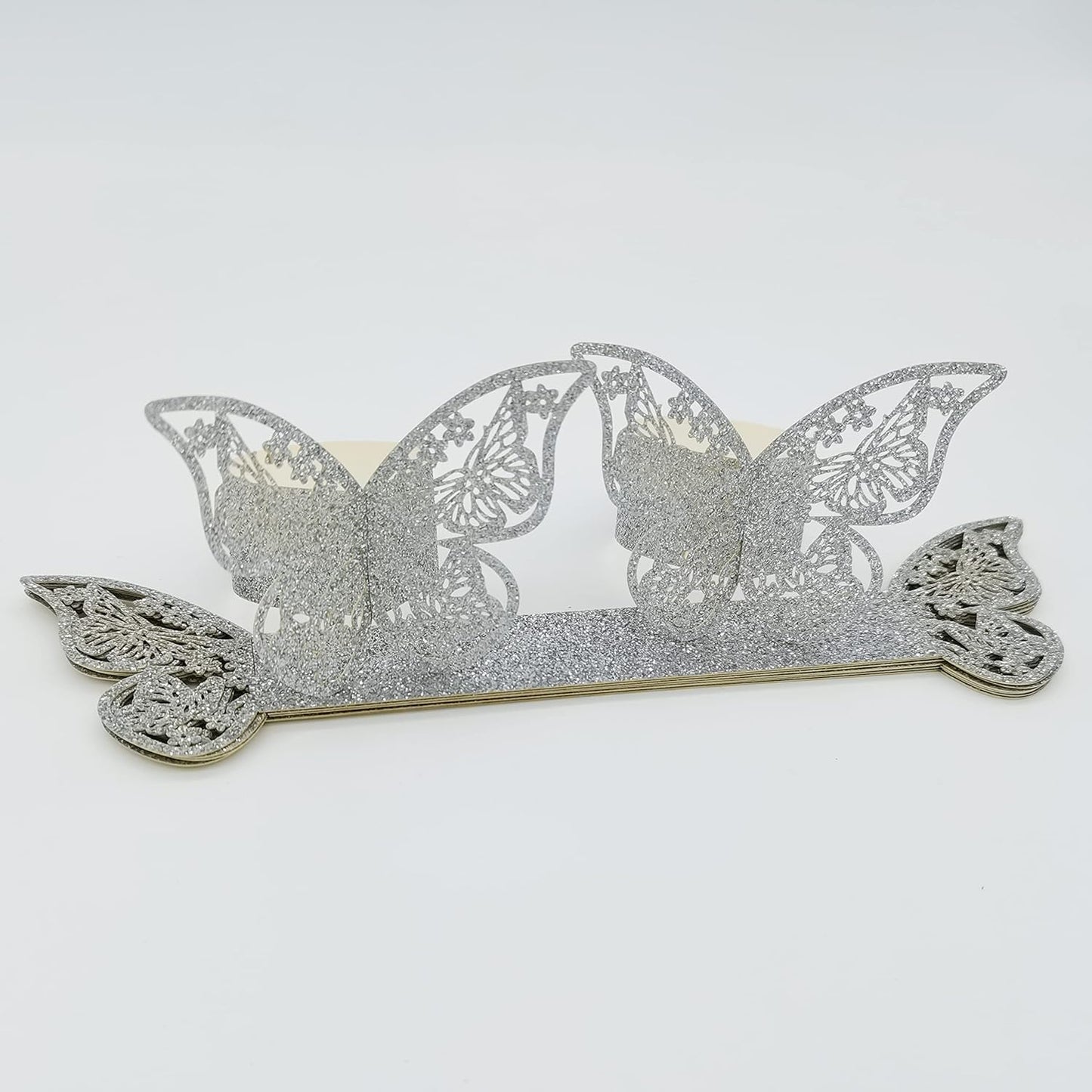 Butterfly Bright Silver Paper Napkin Rings Set of 100 pcs，3D Laser Cutout Paper Napkins Holder,Disposable Serviette Rings for Tables,Decorations,Wedding,Dinner,Party Decor