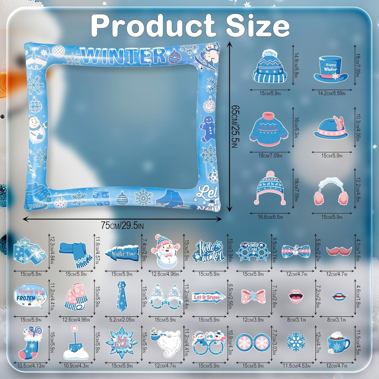 Winter Photo Booth Props Inflatable Frame, 30Pcs Winter Wonderland Photo Props with Inflatable Picture Frame Large for Frozen Holiday Party Selfie Supplies