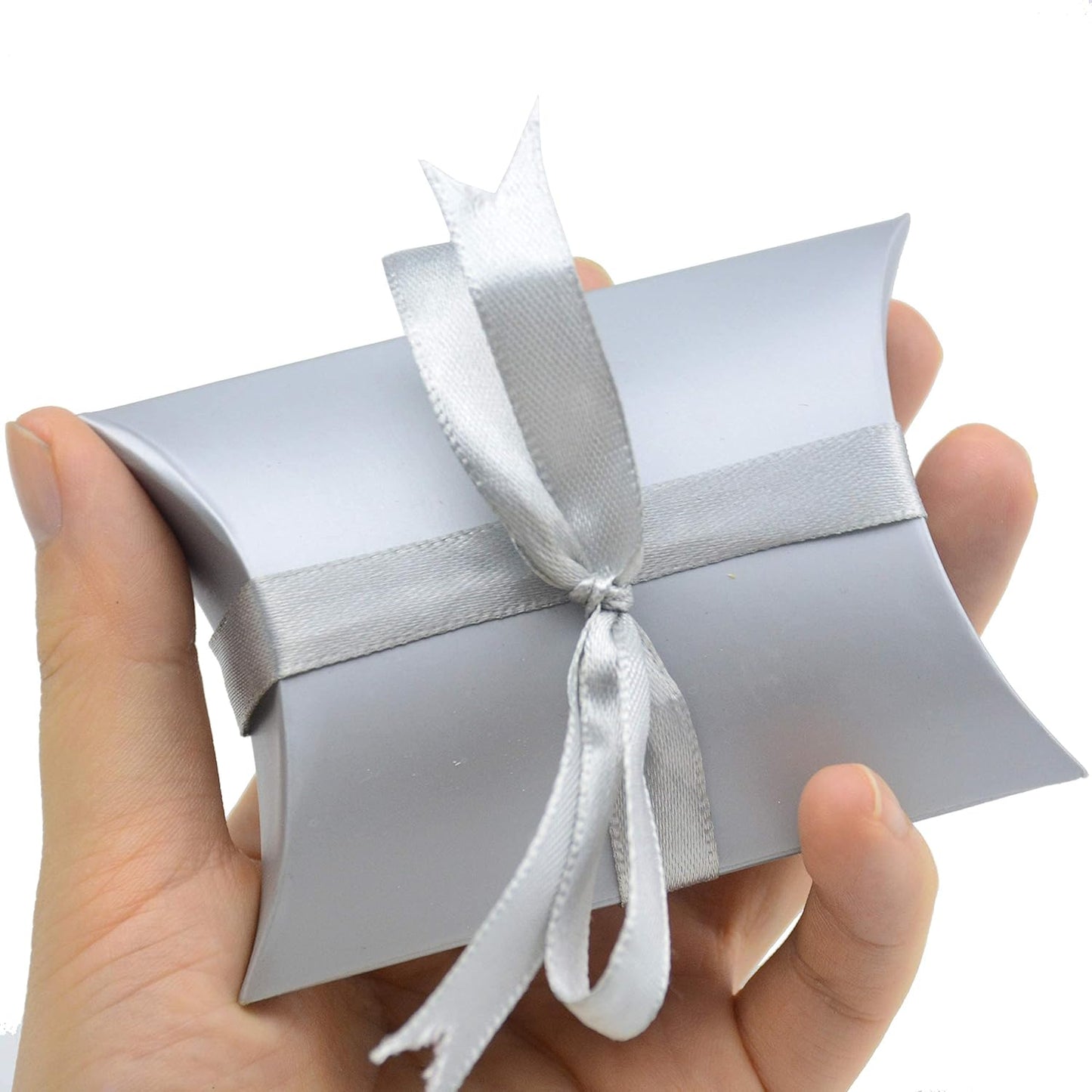 Aokbean 100 Pack Mini Pillow Candy Box Small Gift Boxes with 50 Yards Ribbon for Christmas Wedding Party Favor Gift, Jewelry or Soap Packaging (Pure Silver)