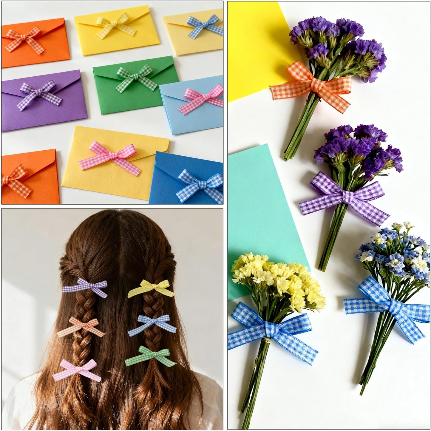 3/8" 6 Colors X 10 Yards Light Rainbow Check Satin Ribbon,60 Yards Assorted Colors Satin Ribbons for Flower Bouquet,Ribbons for Gift Wrapping Happy Birthday Party Decorations