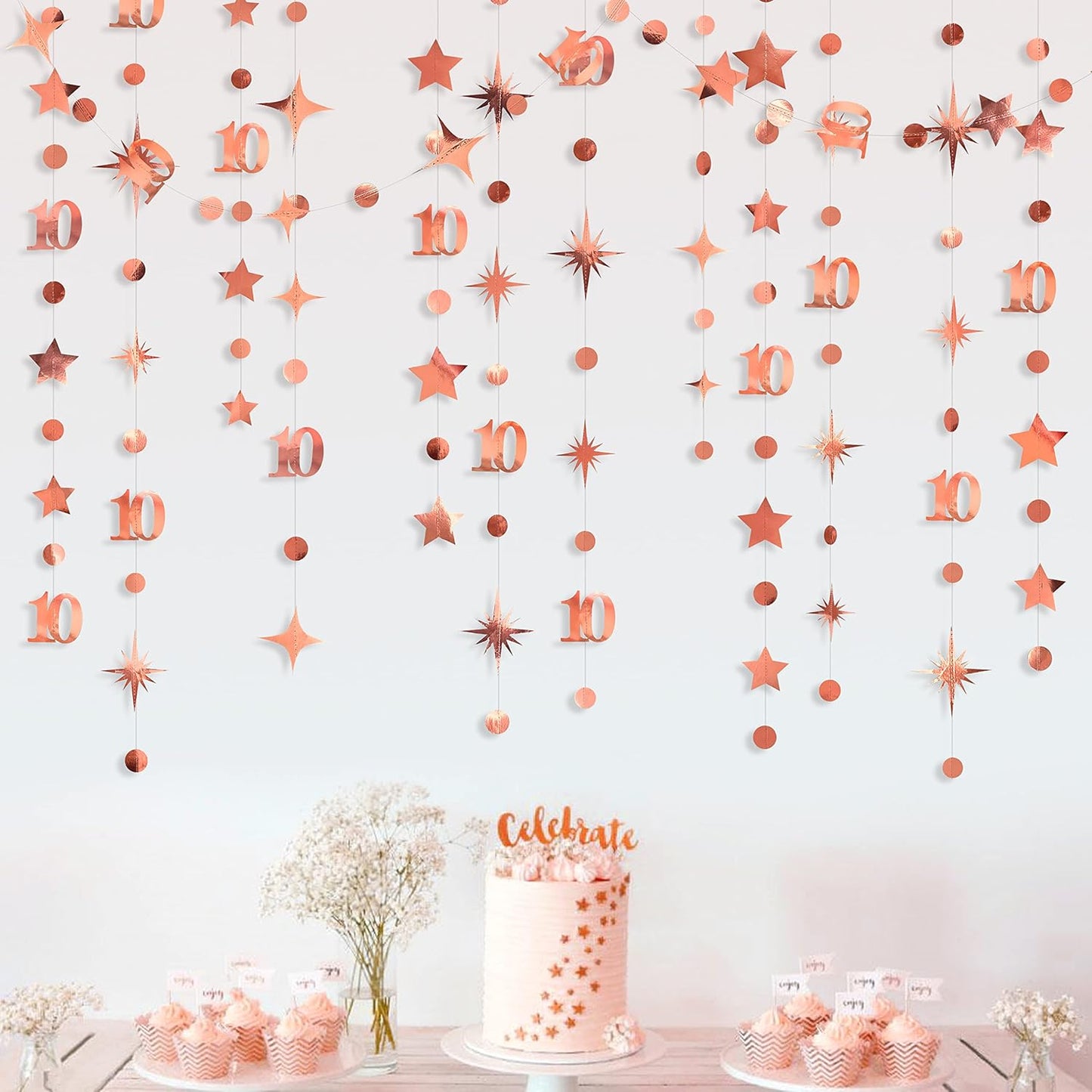 Rose Gold 10th Birthday Decorations Number 10 Circle Dot Twinkle Star Garland Metallic Hanging Streamer Bunting Banner Backdrop for Girls Boys Ten Year Old Birthday 10th Anniversary Party Supplies