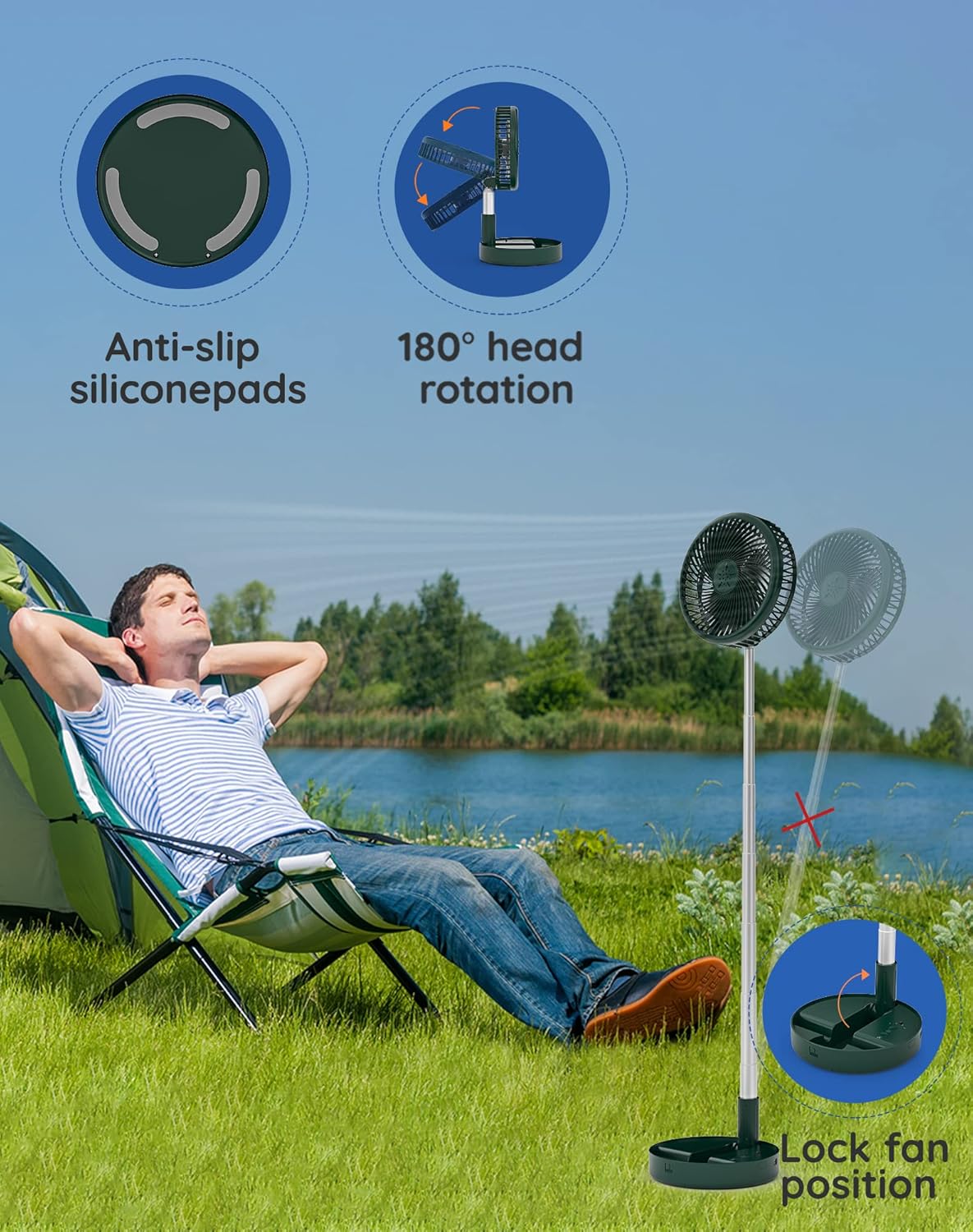 Primevolve Battery Operated Fan,Portable Rechargeable USB Floor Table Desk Fan with Adjustable Height, 4 Speed Settings Pedestal Fan for Bedroom Camping Travel,Green 7.7"