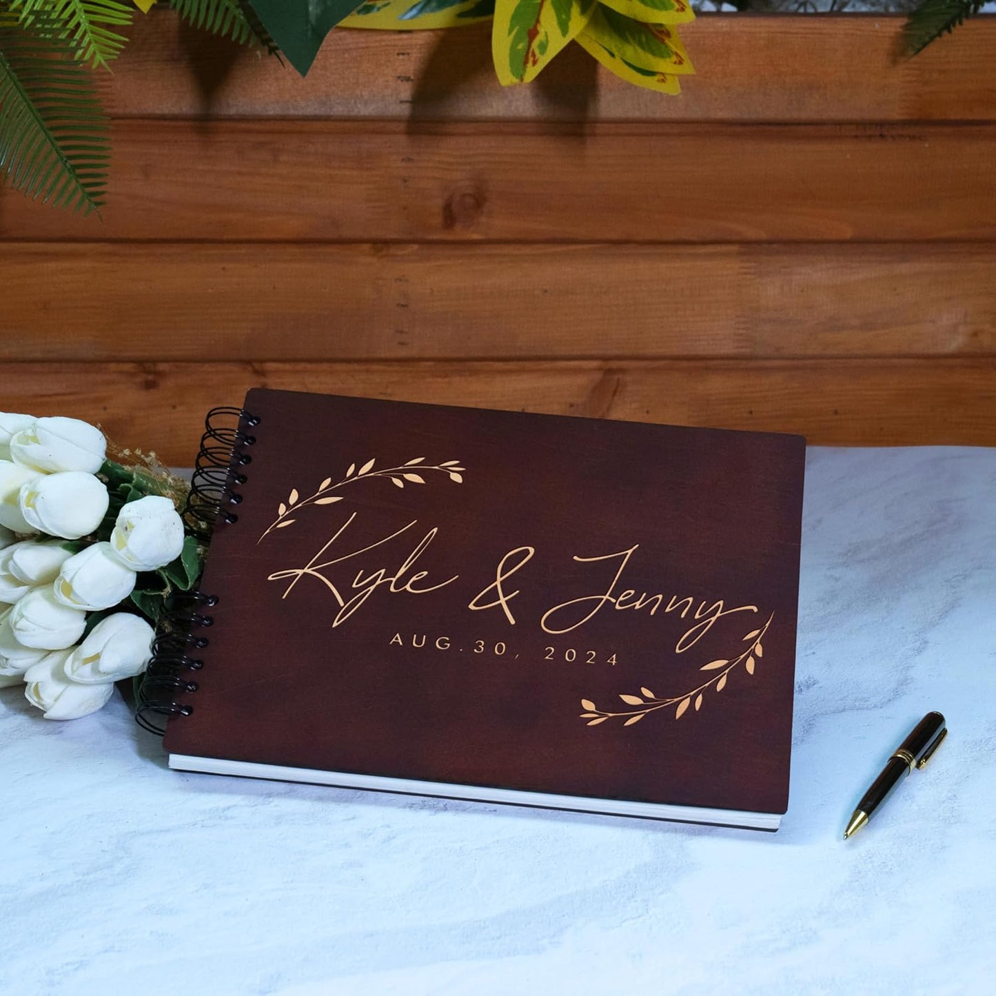 Personalized Wood Wedding Guest Book - 5 Colors/Finishings, 2 Sizes, 12 Designs - Wood Wedding Decorations, Guest Book Signs for Wedding Reception (DESIGN 4)