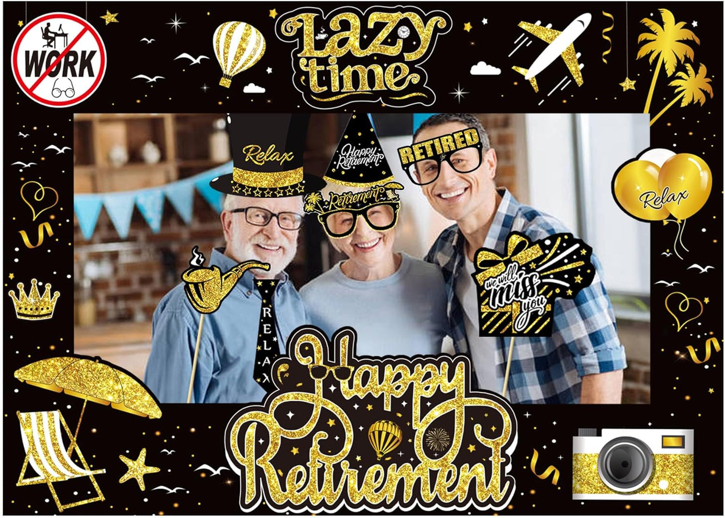Retirement Party Photo Booth Props Kit - 27pcs Paper Photo Props 1 Frame Glitter Retirement Party Decorations for Retiree Celebration, Farewell Office Party Supplies (Black and Gold)