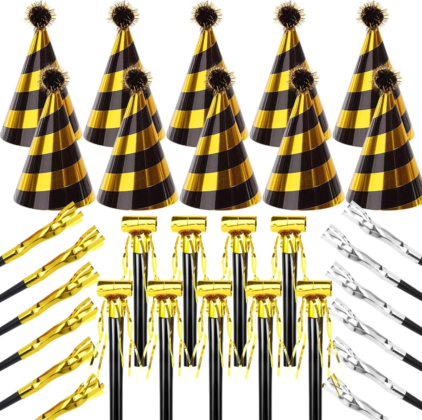 34 Pcs Birthday Party Hats - Gold Cone Hats Including 12 Paper Hats and 22 Noise Makers