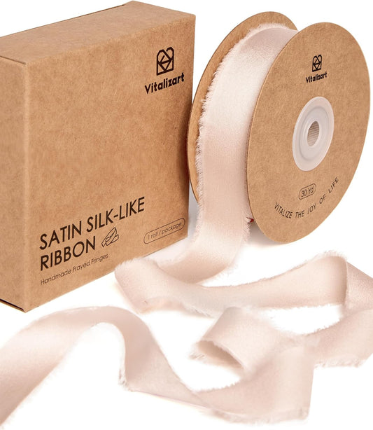 Vitalizart Silk Like Satin Ribbon 1 inch x 30 Yard Light Nude Handmade Frayed Ribbons for Gift Wrapping Baby Shower Wedding Bridal Bouquets Holiday Decor