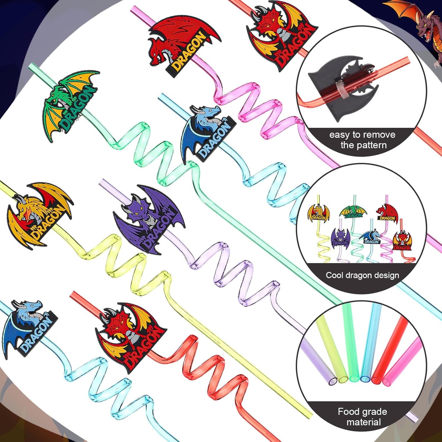 Yungyan 24 Sets Dragon Party Favors Goodie Cups with Lids and Straws for Birthday Decorations Reusable 16oz Plastic Candy Cups Plastic Straws for Birthday Party (Dragon)