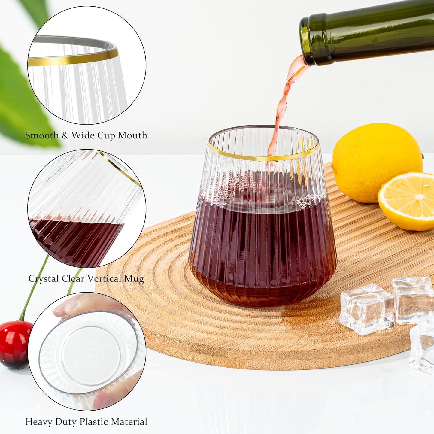 36 Pcs 12 oz Plastic Gold Rim Ribbed Wine Glasses, Reusable Champagne Glasses Elegant Whiskey Glasses Ideal for Weddings, Bars, Christmas, Halloween,Holidays,pool party,Daily Use