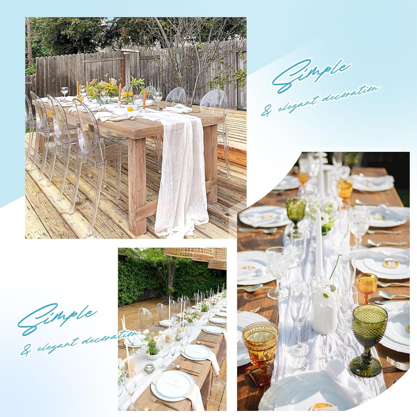 Aktor 4 Pack White Table Runner Boho Cheesecloth Table Runner Semi Sheer Gauze Fabric Runners for Wedding Birthday Baby Shower Party Boho Table Decoration（White）