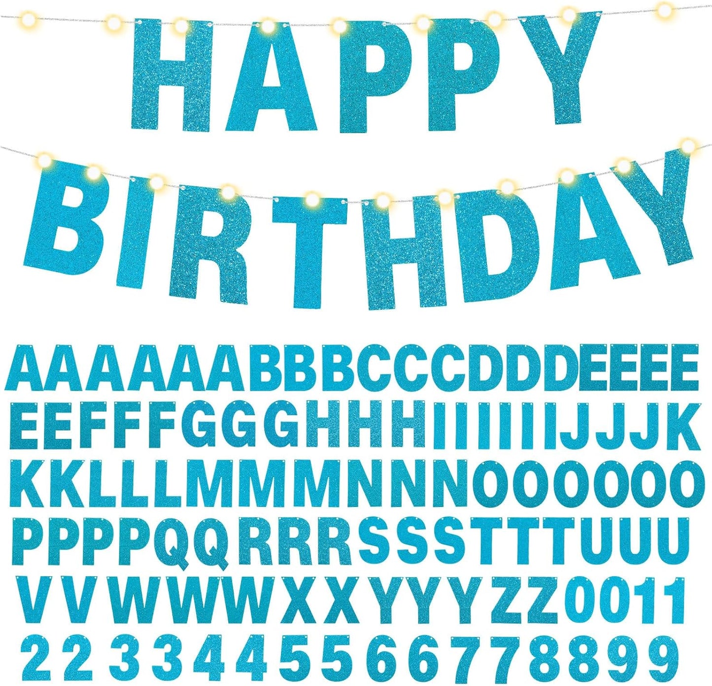 TaoBary 112 Pcs DIY Letter Kit Glitter Customizable Banner Letters Include 107 Letters and Numbers 3 Rope and 2 Needles for Birthday Halloween Christmas Wedding Valentine Party Decor(Baby Blue)