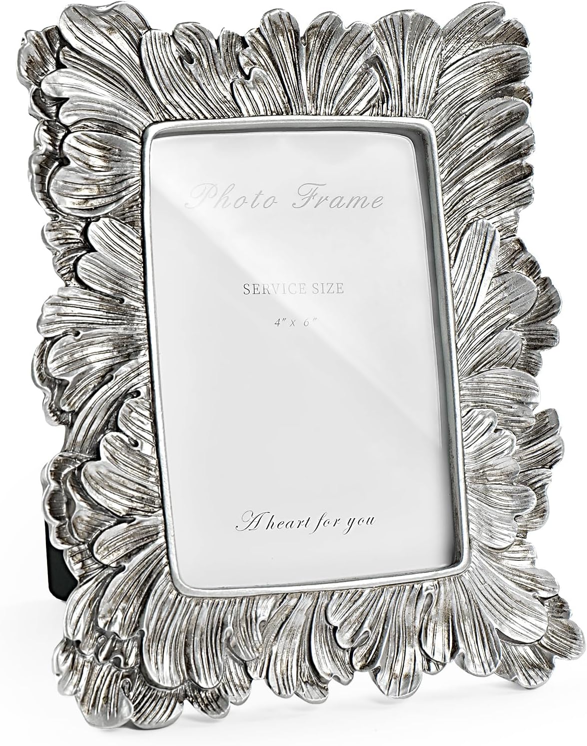 4x6 Silver Picture Frame, Vintage Silver Palm Leaves Textured Hand-Crafted Resin Frames with Glass Front, Elegant Retro Rustic Design Photo Frame for Wall and Tabletop Display Home Decor