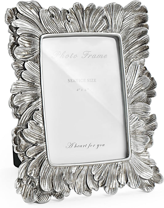4x6 Silver Picture Frame, Vintage Silver Palm Leaves Textured Hand-Crafted Resin Frames with Glass Front, Elegant Retro Rustic Design Photo Frame for Wall and Tabletop Display Home Decor