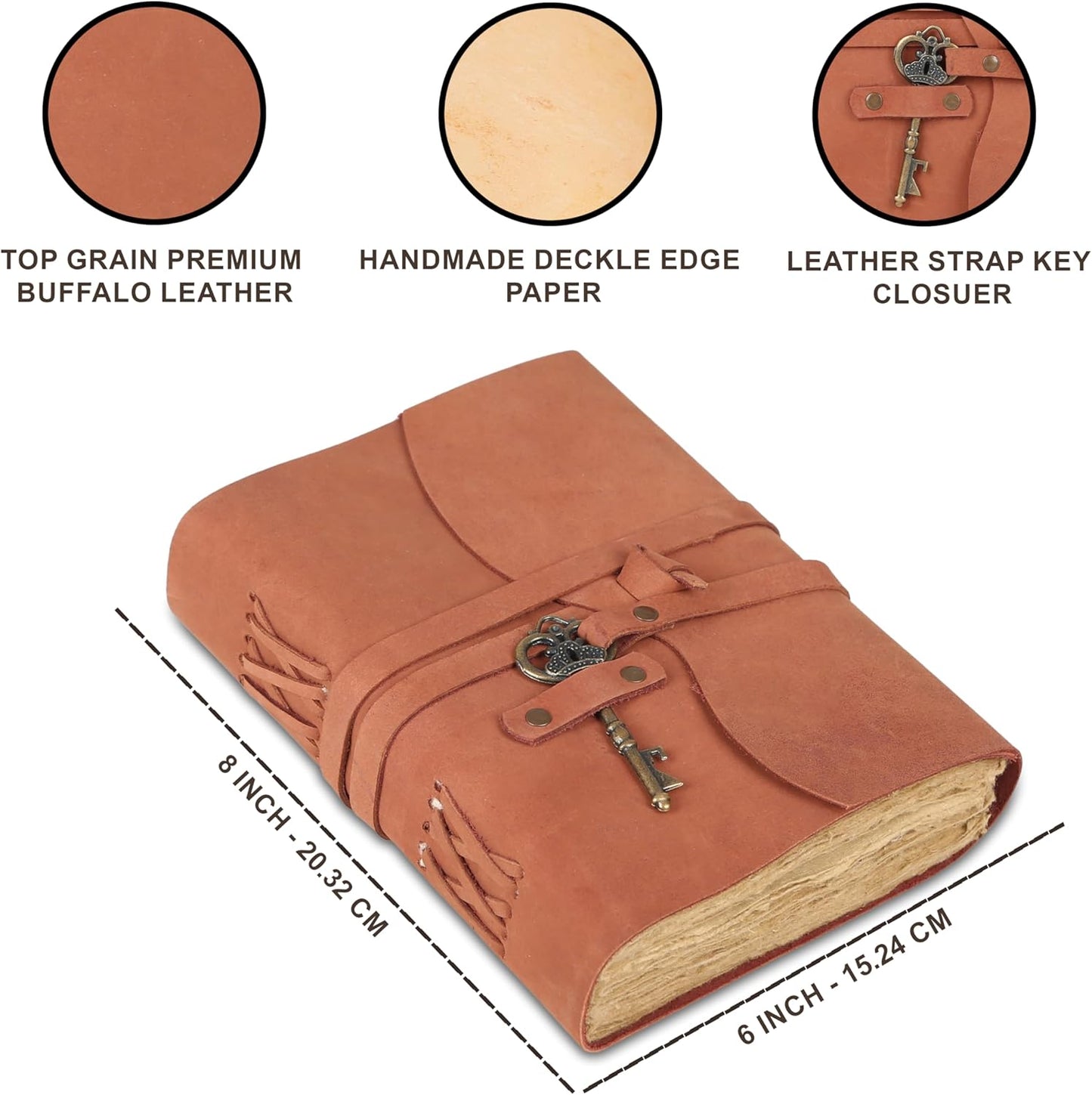 Leather Journal with Lined and Unlined Deckle Edge Paper 8x6 inch and Vintage Key | Handmade Writing Notebook Diary | Bound Daily Notepad for Men & Women Medium, Sketch/Writing pad for Artists