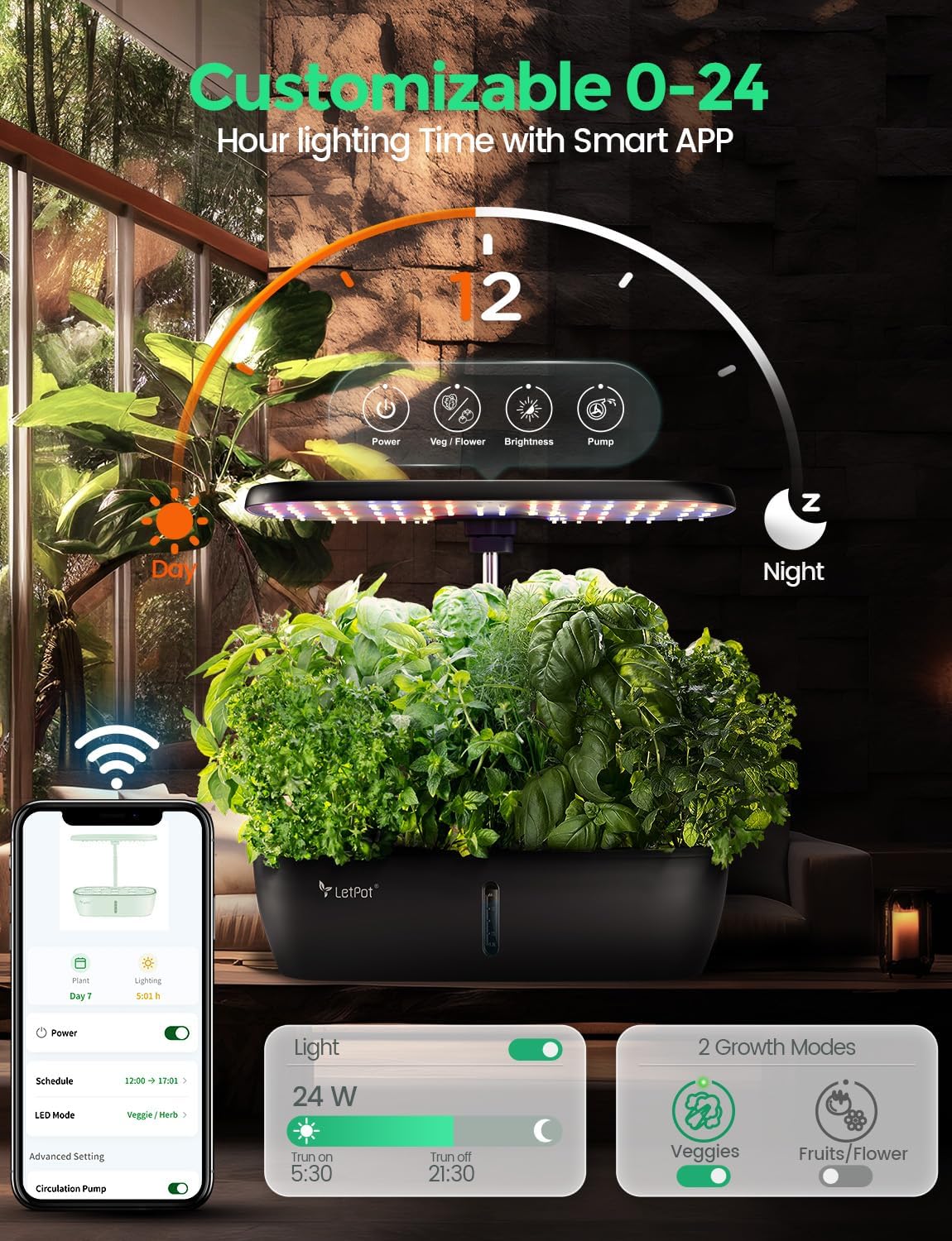 LETPOT LPH-Lite Hydroponics Growing System, 12 Pods Smart Herb Garden Kit Indoor, Indoor Garden, APP & WiFi Controlled, with 24W Growing LED, 5.5L Water Tank, Pump System, Automatic Timer