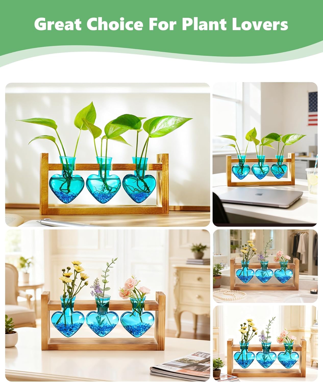 Nacome Plant Terrarium for Office Decor: Birthday Gifts for Plant Lovers Women Mom Wife - Wooden Stand Tabletop Planter 3 Bulb Glass Vase Heart Shaped for Hydroponics Indoor Home