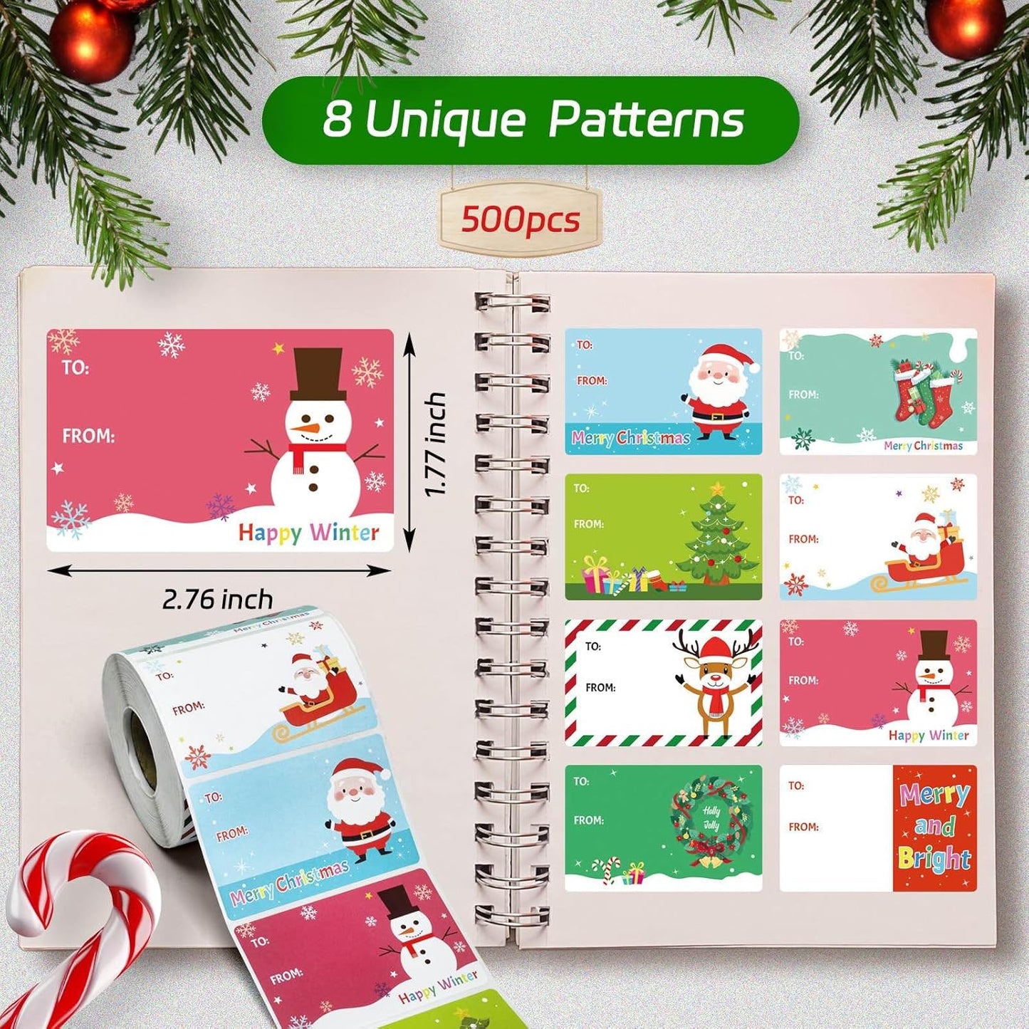 500 PCS Christmas Gift Tags, Self Adhesive Santa Claus Stickers, Festive Holiday Name Labels for Wrapping Paper Presents Decor, 8 Designs