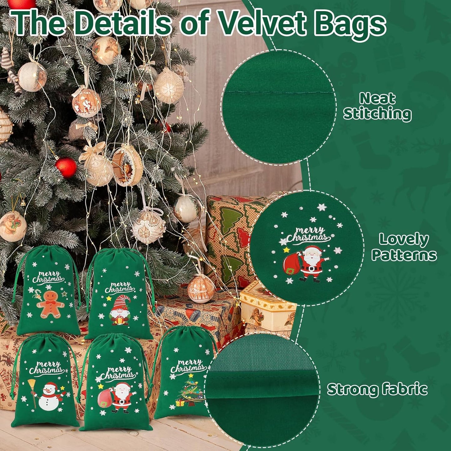 Tapleap Coth Christmas Bags with Drawstring - 50Pcs 4x6 Green Velvet for Wrapping Christmas Party Favors or Gifts for Friends, Small Bussiness, Palm Crosses
