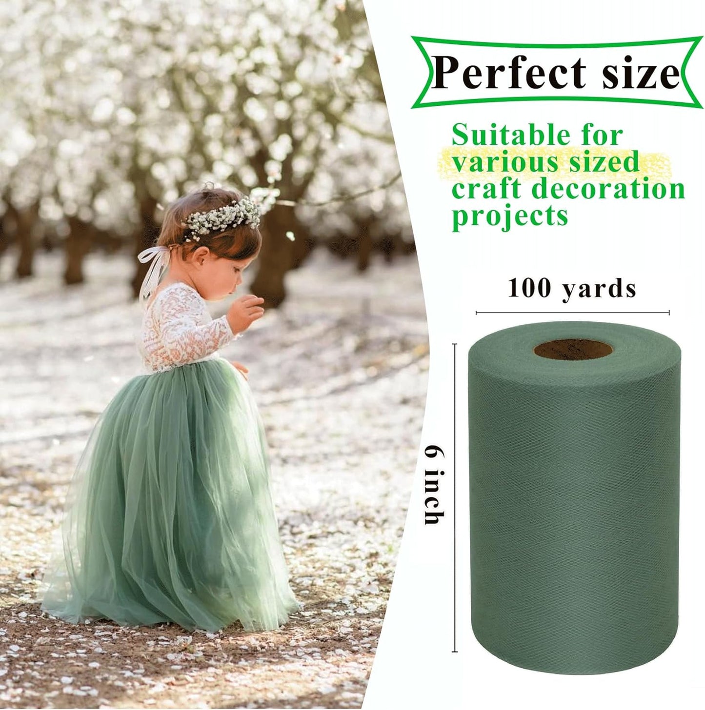 Sage Green Tulle Fabric Rolls 6 Inch by 100 Yards (300 feet) Fabric Spool Tulle Ribbon for DIY Tutu Bow Baby Shower Birthday Party Wedding Decorations Christmas Craft Supplies