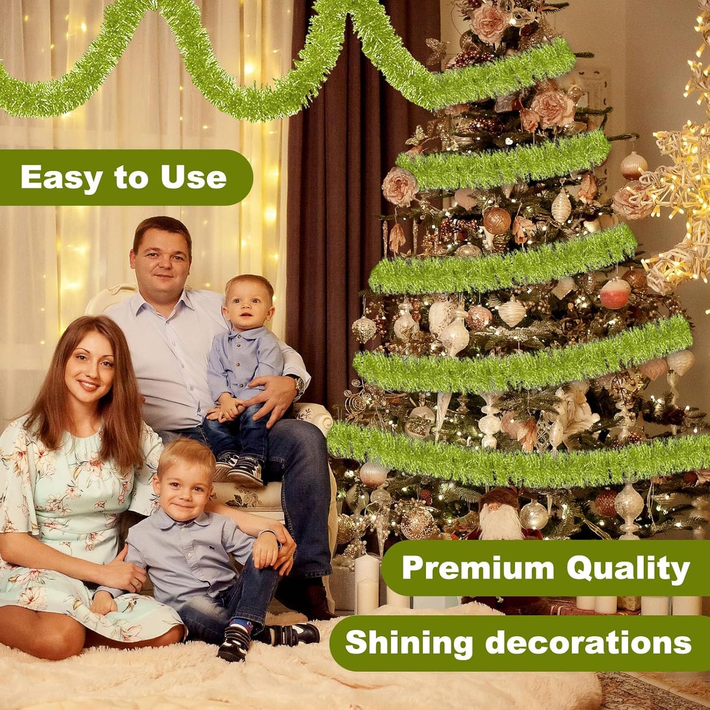 50 Feet Light Green Christmas Tinsel Garland, Metallic Foil Twist Banner Wall Hanging Tinsel Streamers Backdrop for Parade Floats, Christmas, Mother's Day, Birthday Party Decorations(2in x 50ft)