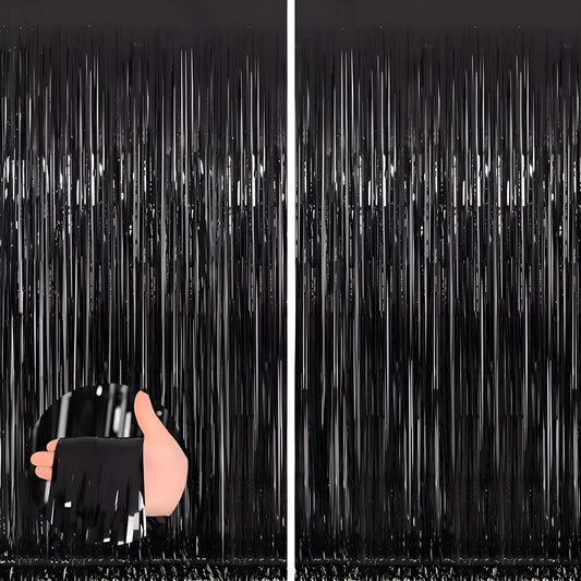 Keyali 2 Pack 3.3 * 8.3 ft Foil Curtain Metallic Tinsel Fringe Curtains Photo Booth Props Backdrop for Birthday Wedding Engagement Baby Shower Christmas Holiday Celebration Partyl,Black