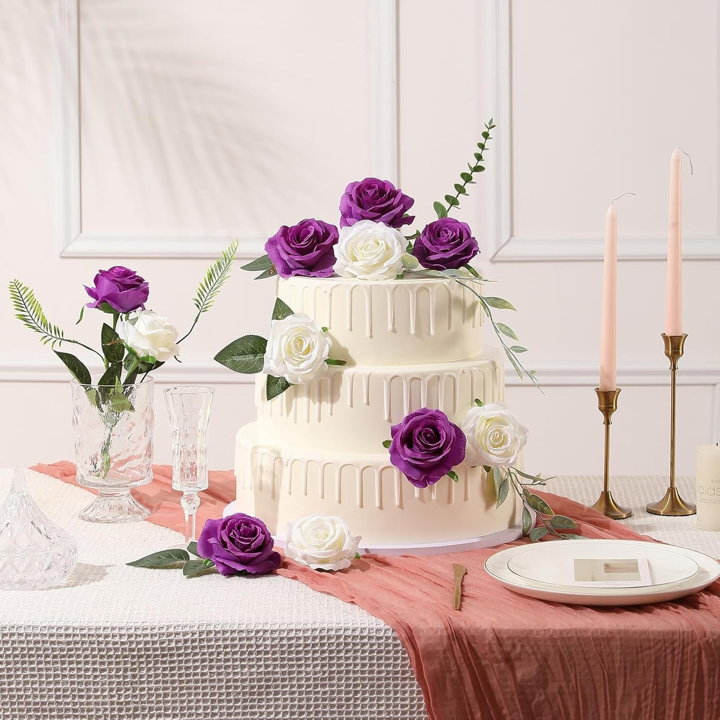 Tifuly Purple Roses Artificial Flowers - 12 pcs Realistic Single Long Stem Fake Silk Roses Bouquet for Party Home Wedding Centerpiece Office DIY Decor