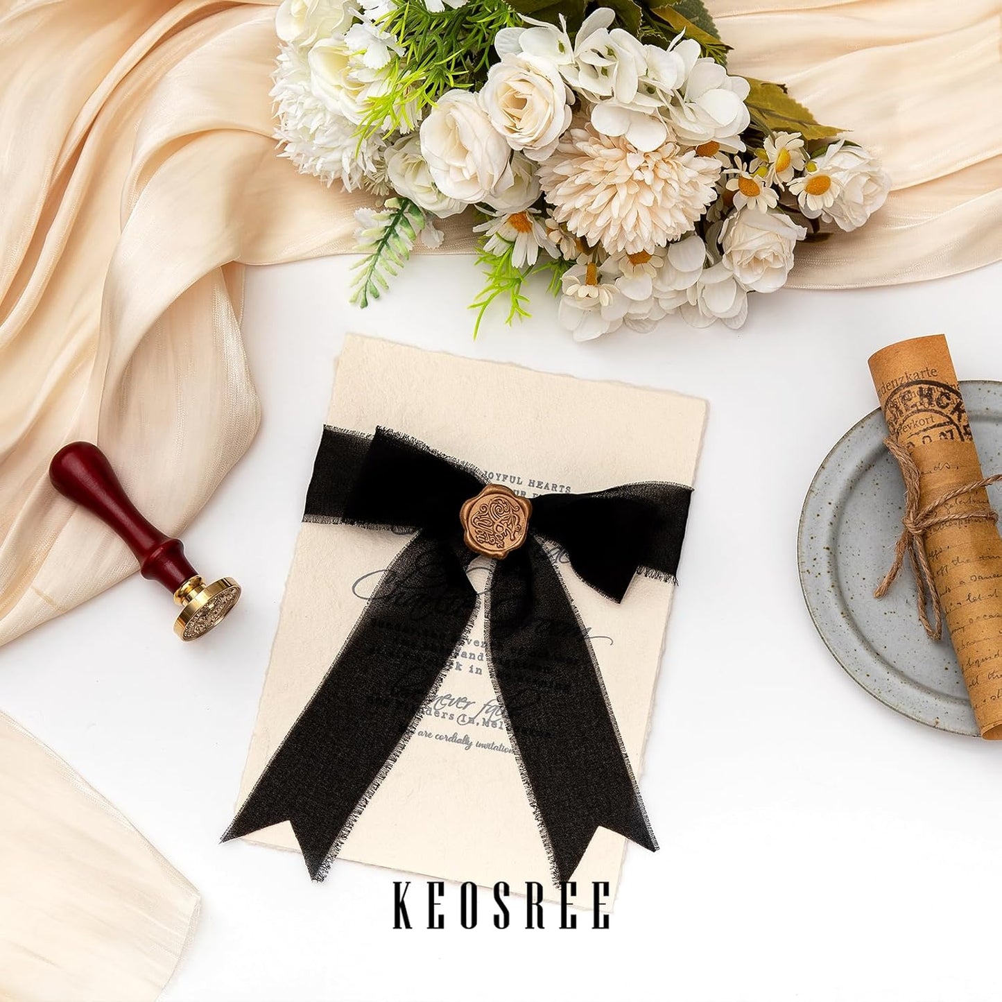 3 Rolls Black Handmade Chiffon Ribbon,1.5" x 21Yd Frayed Fringe Silk Ribbons (3 Rolls *7Yd) for Gifts Wrapping, Wedding Invitations, Bridal Bouquets, Decorations